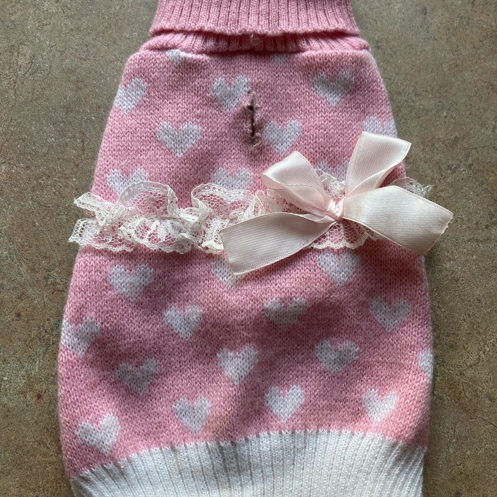 Kyeese Wear XS Pink & White Small Dog Sweater with lace & a ribbon bow